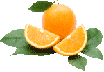 Скачать PNG картинку на прозрачном фоне Апельсин с дольками лежат на листьях, вид сбоку