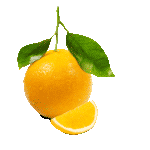 Скачать PNG картинку на прозрачном фоне Апельсин, с долькой, с двумя листьями