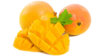 Скачать PNG картинку на прозрачном фоне Два целых манго с нарезанными кусочками