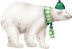 Скачать PNG картинку на прозрачном фоне Медведь нарисованный с зеленым шарфом и с шапкой, стоит боком