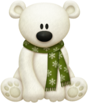 Скачать PNG картинку на прозрачном фоне Мультяшный белый медвежонок, нарисованный, с зеленым шарфом, сидит