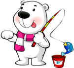 Скачать PNG картинку на прозрачном фоне Мультяшный медвежонок, на рыбалке, с удочкой и ведром