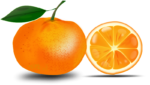 Скачать PNG картинку на прозрачном фоне Нарисованный апельсин с листиком, рядом с половиной апельсина