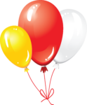 Скачать PNG картинку на прозрачном фоне Три нарисованных воздуушных шарика, желтый, белый и красный с ленточкой и бантом