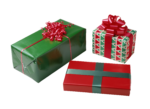 Скачать PNG картинку на прозрачном фоне Три новогодних подарка красно-зеленые с бантами