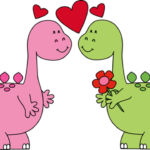 Скачать PNG картинку на прозрачном фоне Два динозавра с сердечками и цветком
