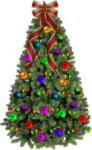 Скачать PNG картинку на прозрачном фоне елка, искусственная, с баном и разноцветными игрушки
