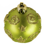 Скачать PNG картинку на прозрачном фоне Елочный новогодний шар, зеленый, с золотыми звездами и спиралями, вид сверху
