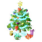 Скачать PNG картинку на прозрачном фоне Мультяшная новогодняя елка с игрушками и подарками