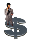 Скачать PNG картинку на прозрачном фоне Мужчина в костюме разговаривает по мобильному, стоит на знаке доллар