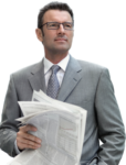 Скачать PNG картинку на прозрачном фоне Мужчина в сером костюме, смотрит в сторону, держит газету