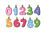 Скачать PNG картинку на прозрачном фоне Набор цифр, разноцветные, в виде свечек на торт, сладости, от 0 до 9, нарисованные