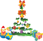 Скачать PNG картинку на прозрачном фоне Новогодняя елка в снегу с игрушками и подарками, нарисоованная