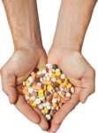 Скачать PNG картинку на прозрачном фоне Разноцветные таблетки в ладошках, вид сверху