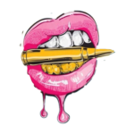 Скачать PNG картинку на прозрачном фоне Розовые нарисованные губы, а в зубах патрон