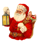 Скачать PNG картинку на прозрачном фоне Санта Клаус, нарисованный с фонарем и с мешком с подарками