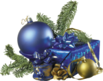 Скачать PNG картинку на прозрачном фоне синий ёлочный новогодний шар с ёлочной веткой и подарком