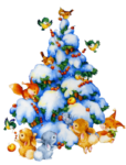 Скачать PNG картинку на прозрачном фоне Старая картинка с елкой на ветках со снегом, с игрушками и зверями
