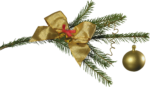 Скачать PNG картинку на прозрачном фоне Ёлочная ветка, новогодняя, с золотым бантиком и с золотым шаром