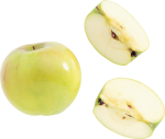 Скачать PNG картинку на прозрачном фоне Желтое яблоко с двумя дольками рядом