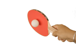 Скачать PNG картинку на прозрачном фоне Женская рука отбивает красной ракеткой для настольного тенниса — белый шарик